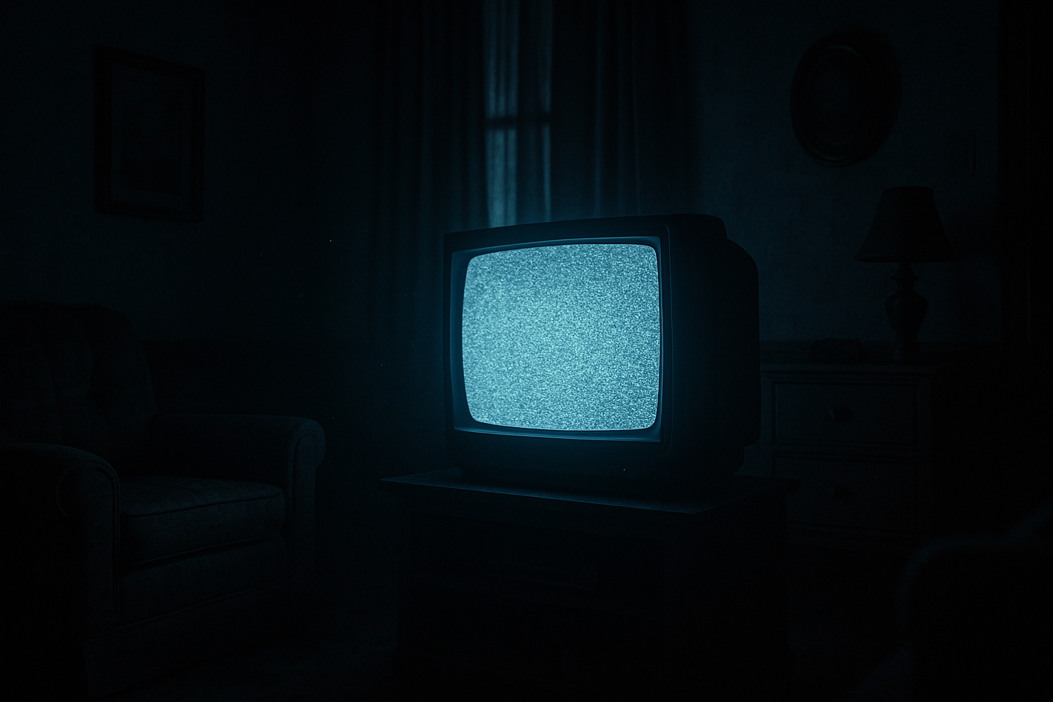 make a picture of a room with an old tv with static, make it eerie and nostalgic and have the tv be fairly bright with a slight blue glow